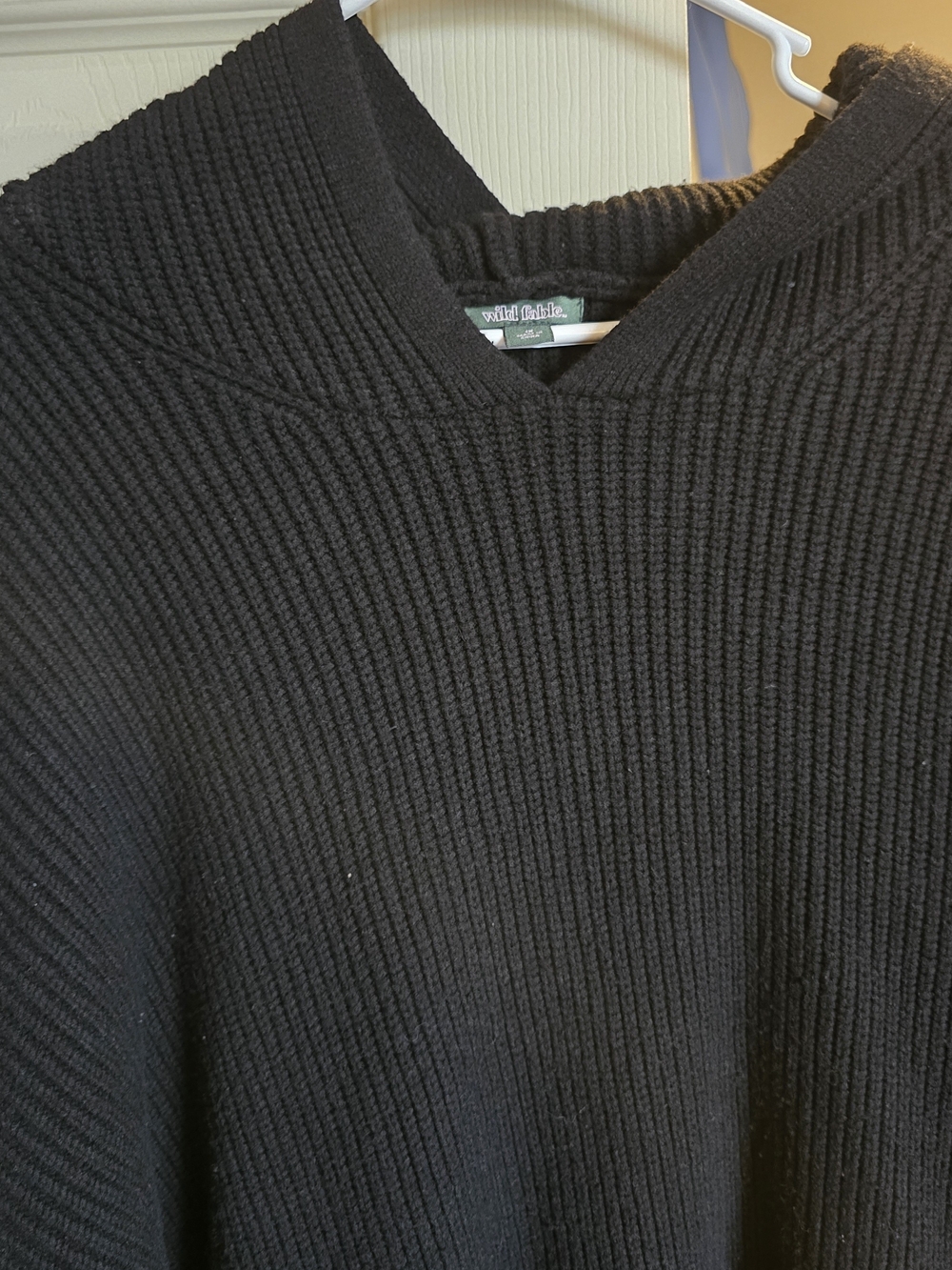 Womens Hooded Oversized Black Ribbed V-Neck Sweater